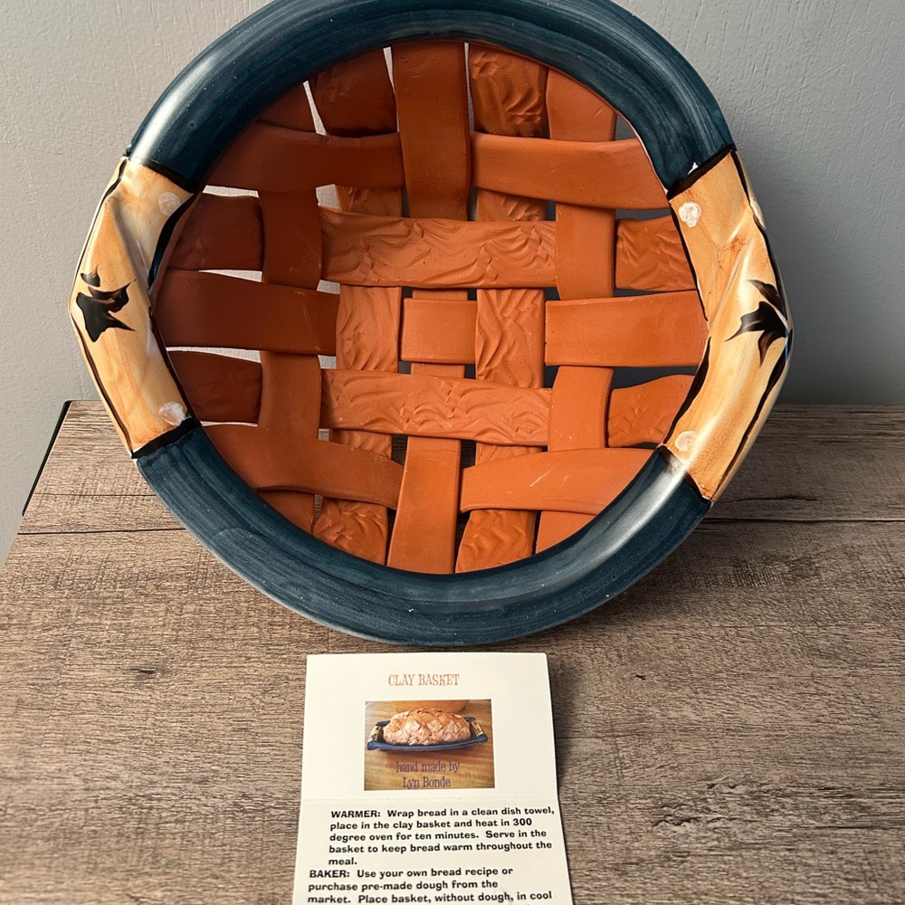 Handcrafted Clay Basket bread warmer with Blue and Orange Accents - Picture 4 of 9